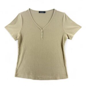 MEROKEETY Women’s Ribbed Henley Top Short Sleeve V-Neck Beige/Taupe Size XL